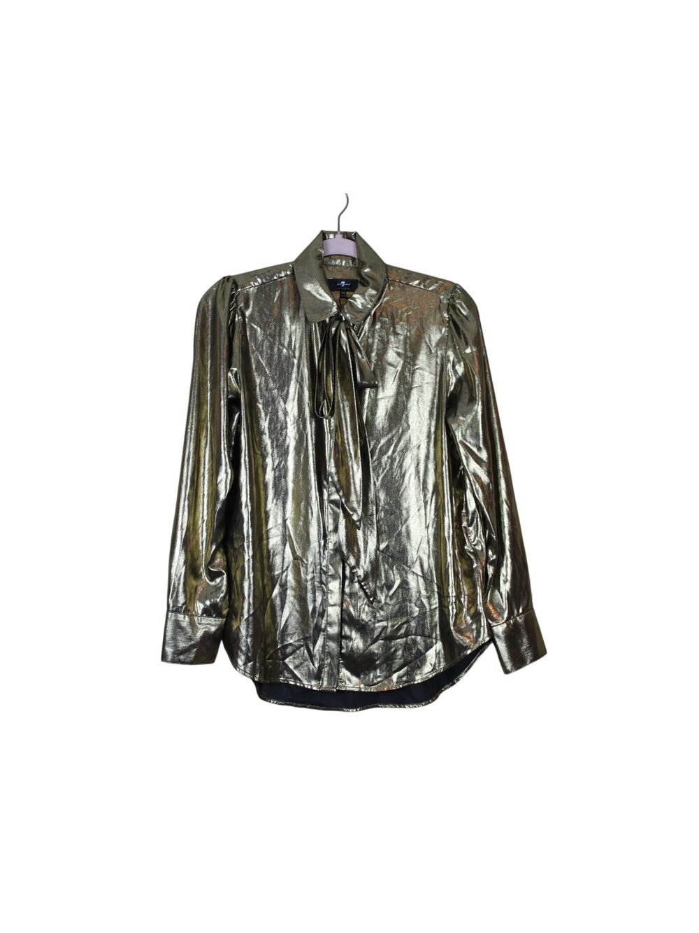 NWT 7 For All Mankind Liquid Gold Foil Satin Button Up Necktie‎ Top Size XS